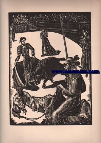 Lmina realizada en xilografa representando una escena de corrida de toros con picador en primer plano.