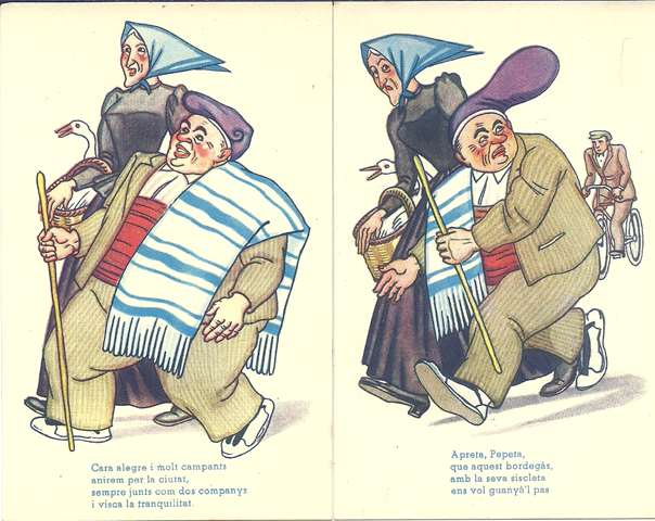 Lot de 10 targetes postals en color amb dibuixos de caricatures d'il-lustrador no identificat.