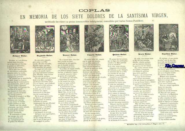 Coplas en medmoria de los siete dolores de la santsima Virgen, meditando las cuales se ganan innumerables indulgencias, concedidas por varios Sumos Pontfices.