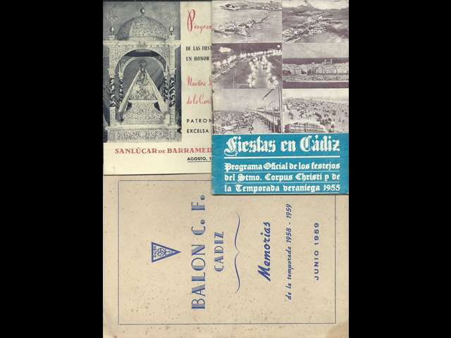 Conjunto de 6 folletos commemorativos de fiestas correspondientes a : Canalejas de Puerto Real: Cancionero (Ap.1943) -Juan Prez Snchez -Puerto Real,1905 - Jan,1966). Programa de las fiestas de Sanlcar de Barrameda (1951), Fiestas de Cdiz (1955), Baln C.F. Cdiz - memoria 1958 - 1959, Alcal del Valle Ferias y Fiestas(1974).  Setenil - Fiestas tradicionales de Agosto (1974).
