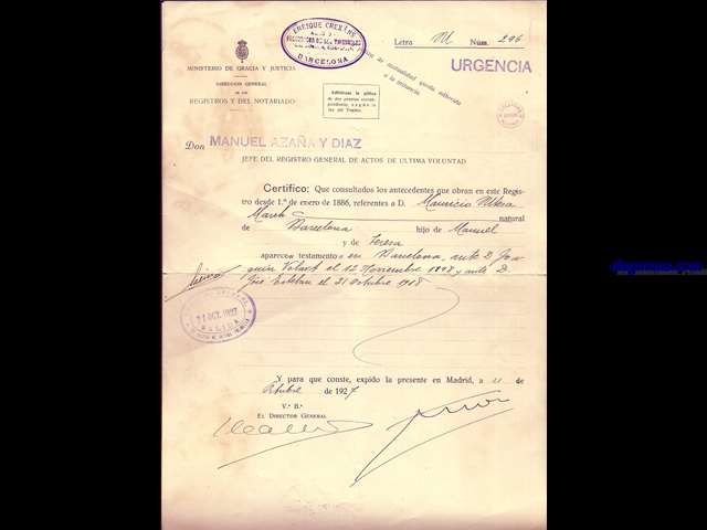 Documento de la Direccin General de Registros y del Notariado omo Jefe del Registro General de actos de ltimas voluntades, certificando la testamentaria  de Mauricio Utesa March de Barcelona, firmado en Madrid a 21 de Abril de 1927.