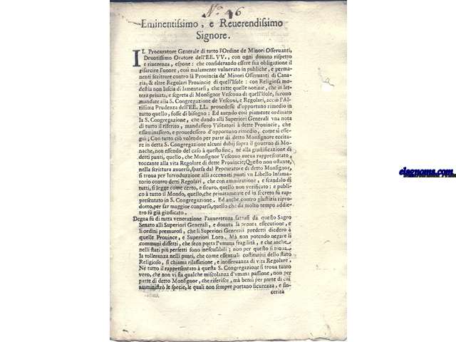 All'Emo., e Rmo. Signore Il Signor Card. Per il Procurator Generale dell'Ordine de Min. Obsservanti.