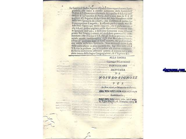 Alla Sacra Congregatione particulare deputata da Nostro Signore per Li Regolari, e monache di Roma. Sommario.